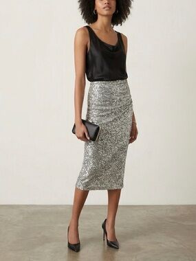 Express Silver Sequin Strapless Stretch Midi Skirt